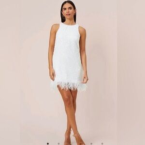 Aidan by Aidan Mattox White Halter Hand Sequined Faux Feather Trim Trape